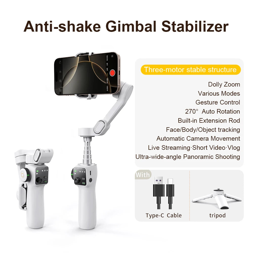 AOCHUAN 3-Axis Handheld Gimbal Phone Stabilizer with Extension Rod 8.0 Anti Shake Face Tracking for Phone Outdoor Shooting Vlog