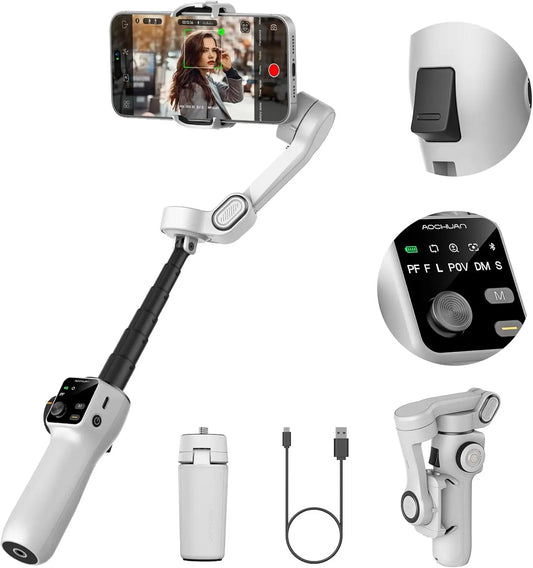 AOCHUAN 3-Axis Handheld Gimbal Phone Stabilizer with Extension Rod 8.0 Anti Shake Face Tracking for Phone Outdoor Shooting Vlog
