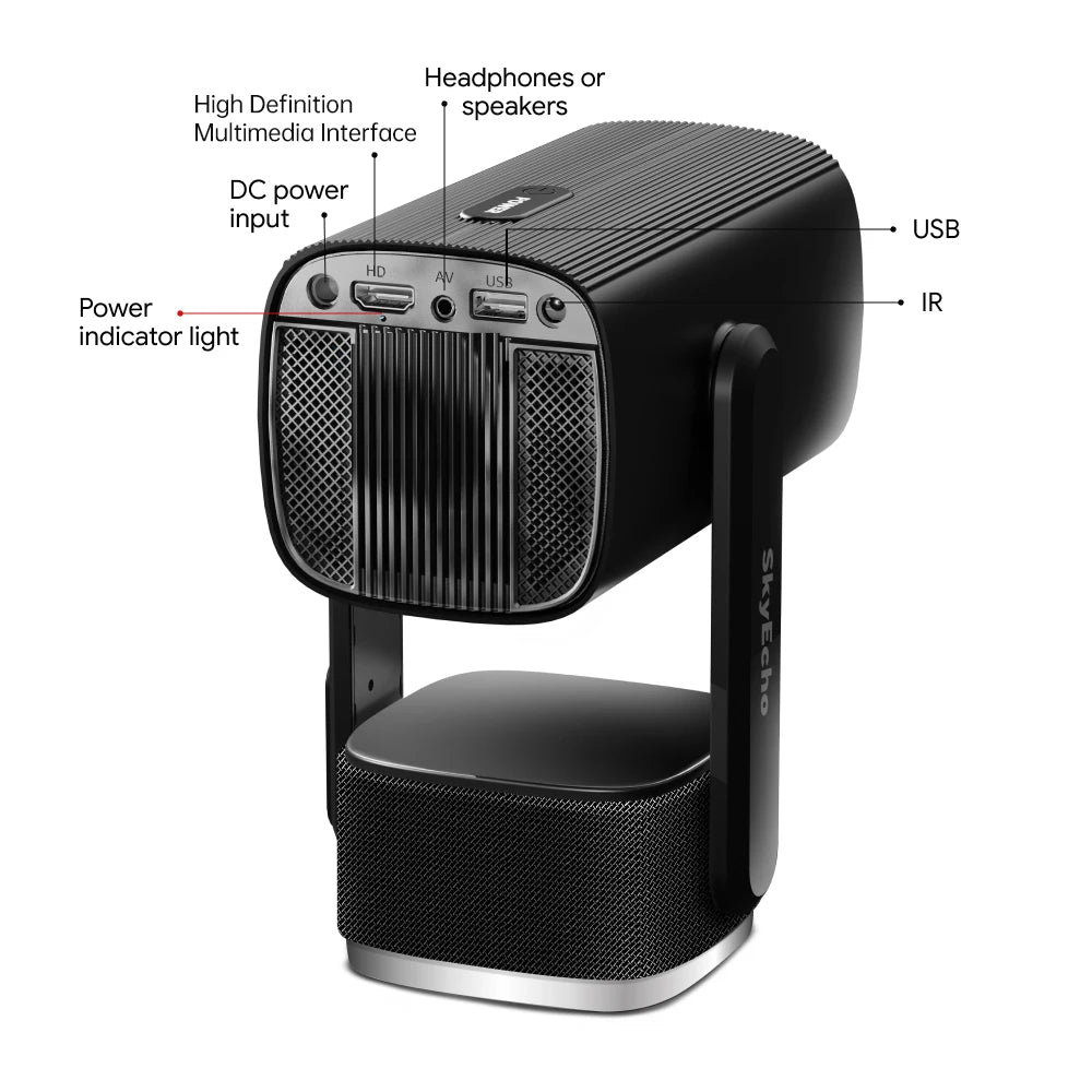SkyEcho Mini Projector 1080P Home Theater 4K Video Projector Android OS 150'' Projection Size WiFi Bluetooth 5.2 Smart Projector