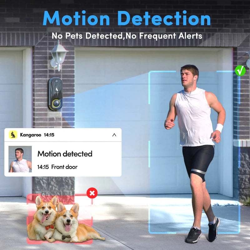 Kangaroo smart doorbell camera+chime, HD wide-angle camera, night vision, battery powered (included) suitable for home security