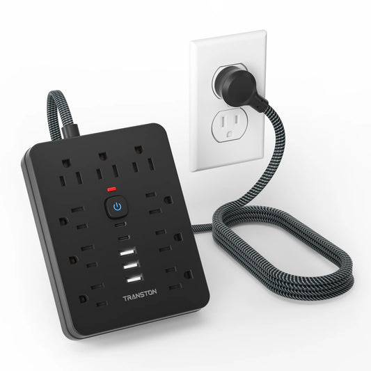 TRANSTON power strip surge protector with 9 Ac Outlets,3 USB & 2 USB-C,5ft Cable,Weaving thread,45° tilt plug,Black