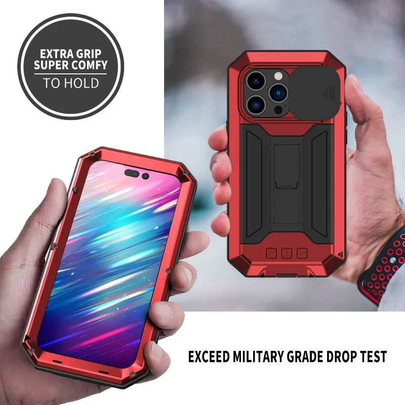 Rugged Metal Phone Case For iPhone 16 15 13 Pro Max 14 Plus Heavy Duty Military Shell Slide Lens Cover Screen Protector