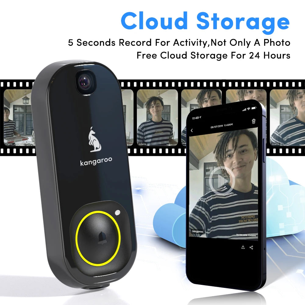 Kangaroo smart doorbell camera+chime, HD wide-angle camera, night vision, battery powered (included) suitable for home security