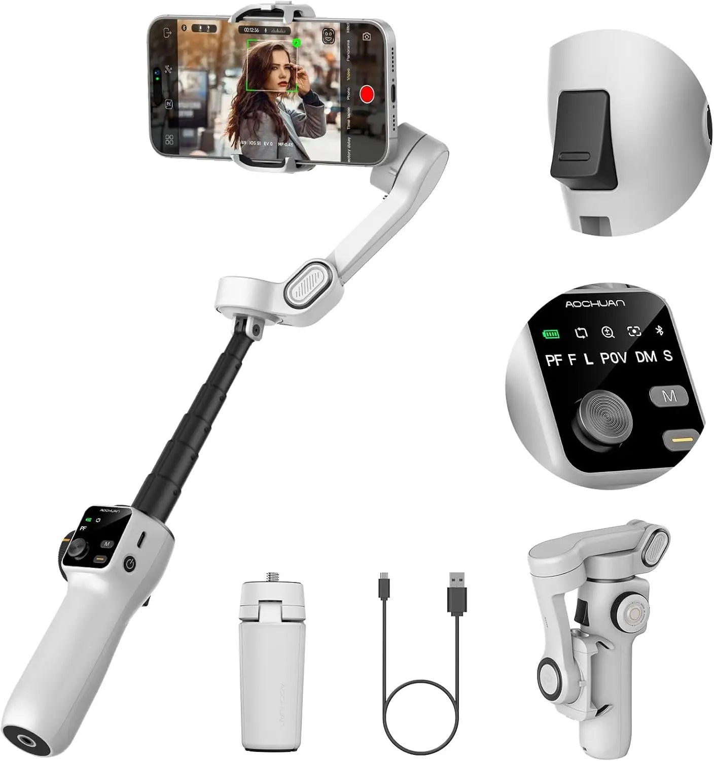 AOCHUAN 3-Axis Handheld Gimbal Phone Stabilizer with Extension Rod  8.0 Anti Shake Face Tracking for Phone Outdoor Shooting Vlog