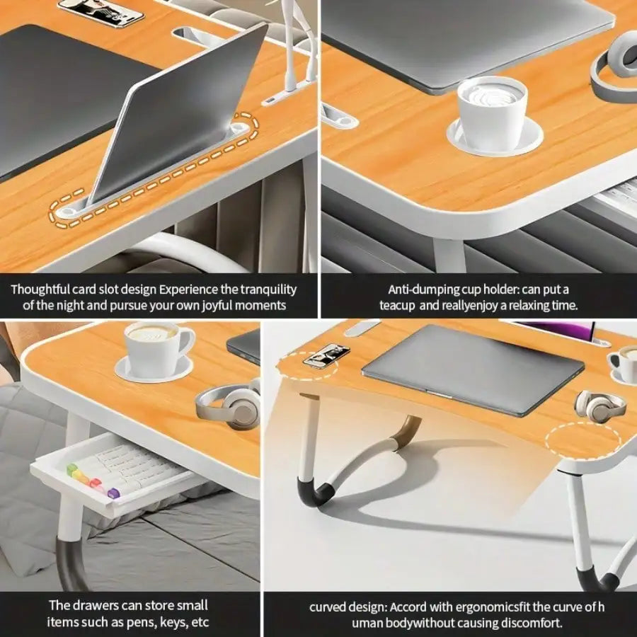 Portable Laptop Desk with  Cup Holder, Tablet Slot, and Lifting Handle - Foldable Laptop Table for Working,