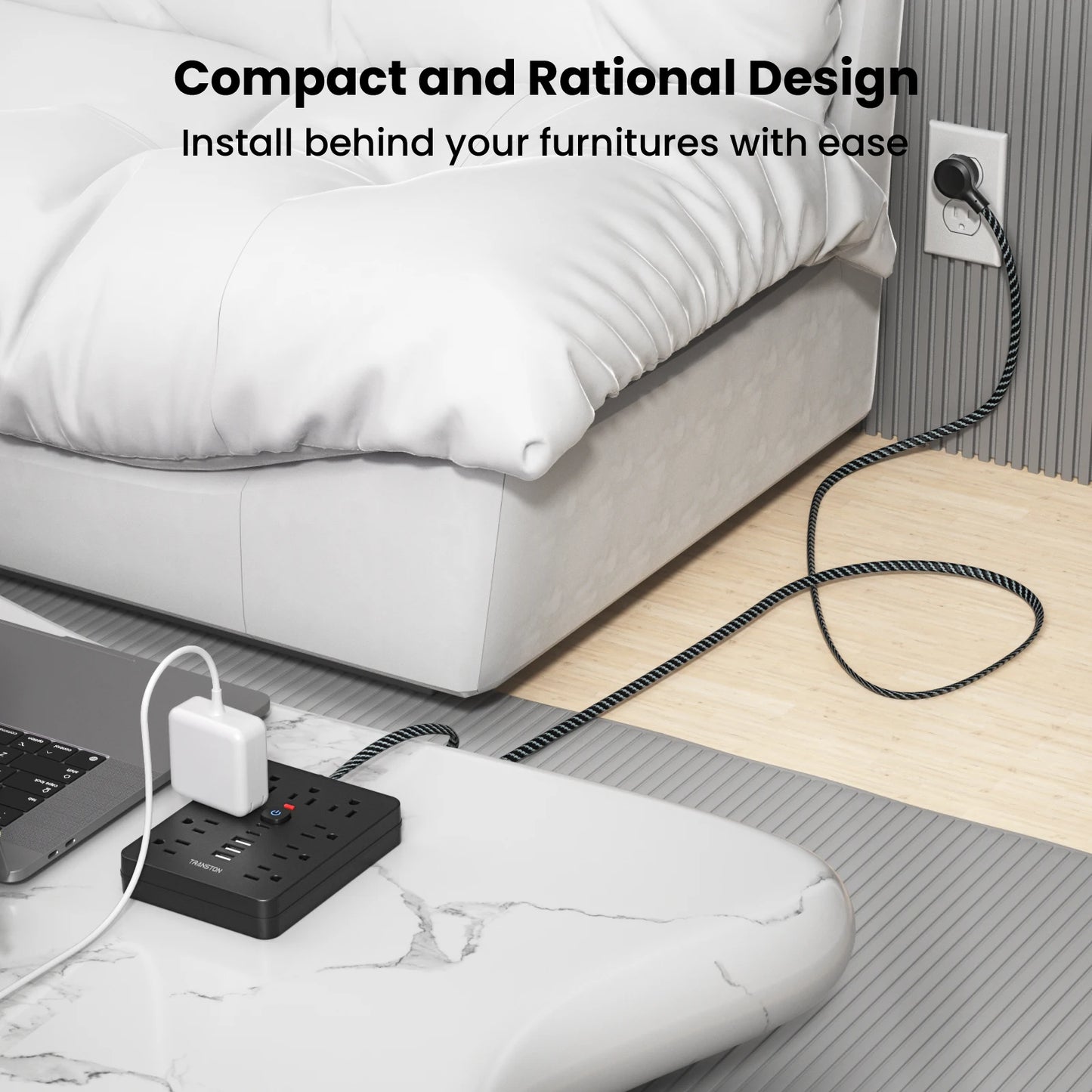 TRANSTON   power strip surge protector with 9 Ac Outlets,3 USB & 2 USB-C,5ft Cable,Weaving thread,45° tilt plug,Black