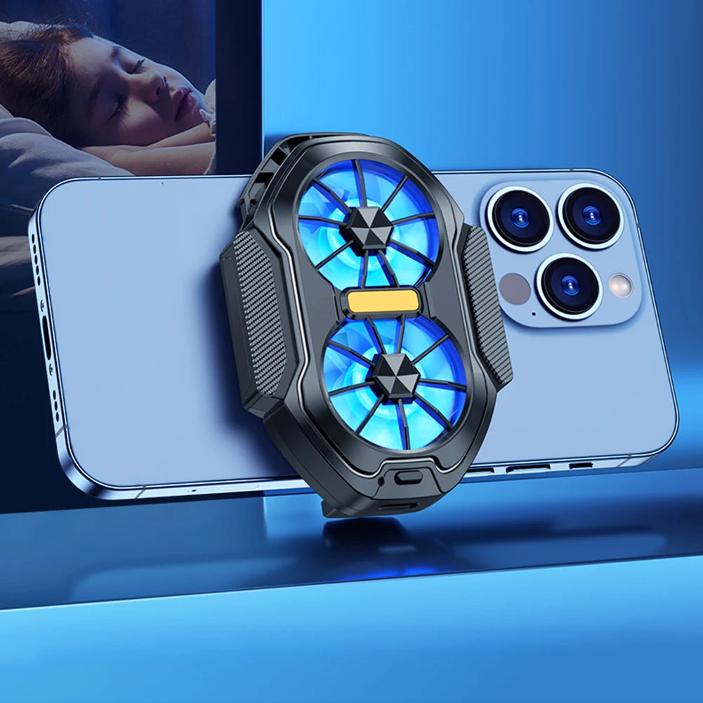 Dual Fan Mobile Phone Radiator Plug-in/Rechargeable Cell Phone Cooling Fan Type-C with Blue Light for Android Smartphones iPhone