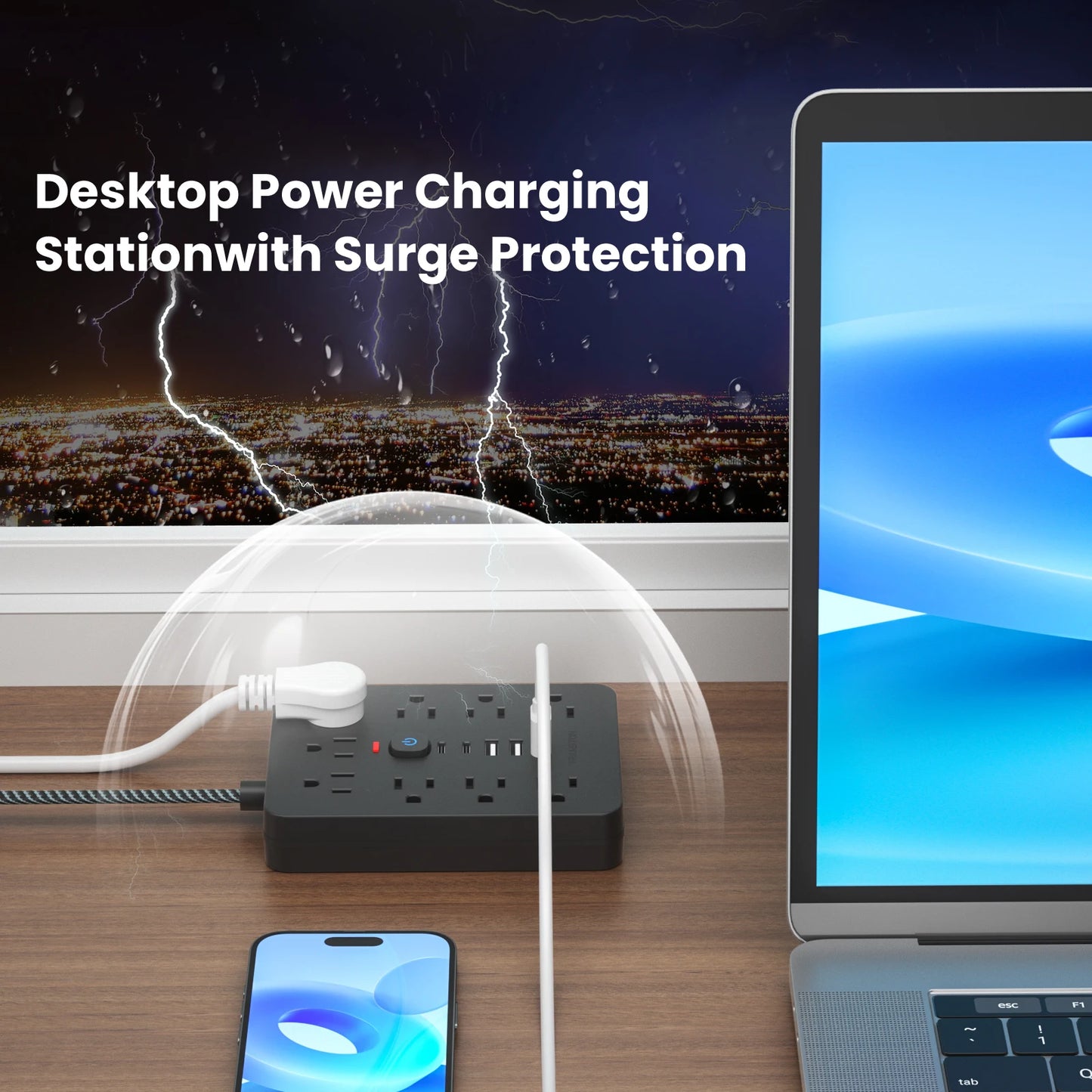 TRANSTON   power strip surge protector with 9 Ac Outlets,3 USB & 2 USB-C,5ft Cable,Weaving thread,45° tilt plug,Black