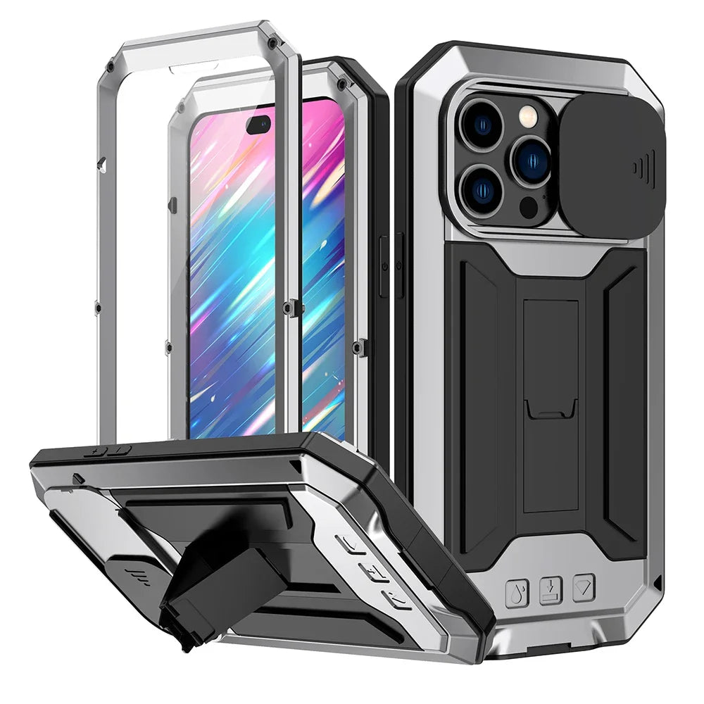 Rugged Metal Phone Case For iPhone 16 15 13 Pro Max 14 Plus Heavy Duty Military Shell Slide Lens Cover Screen Protector