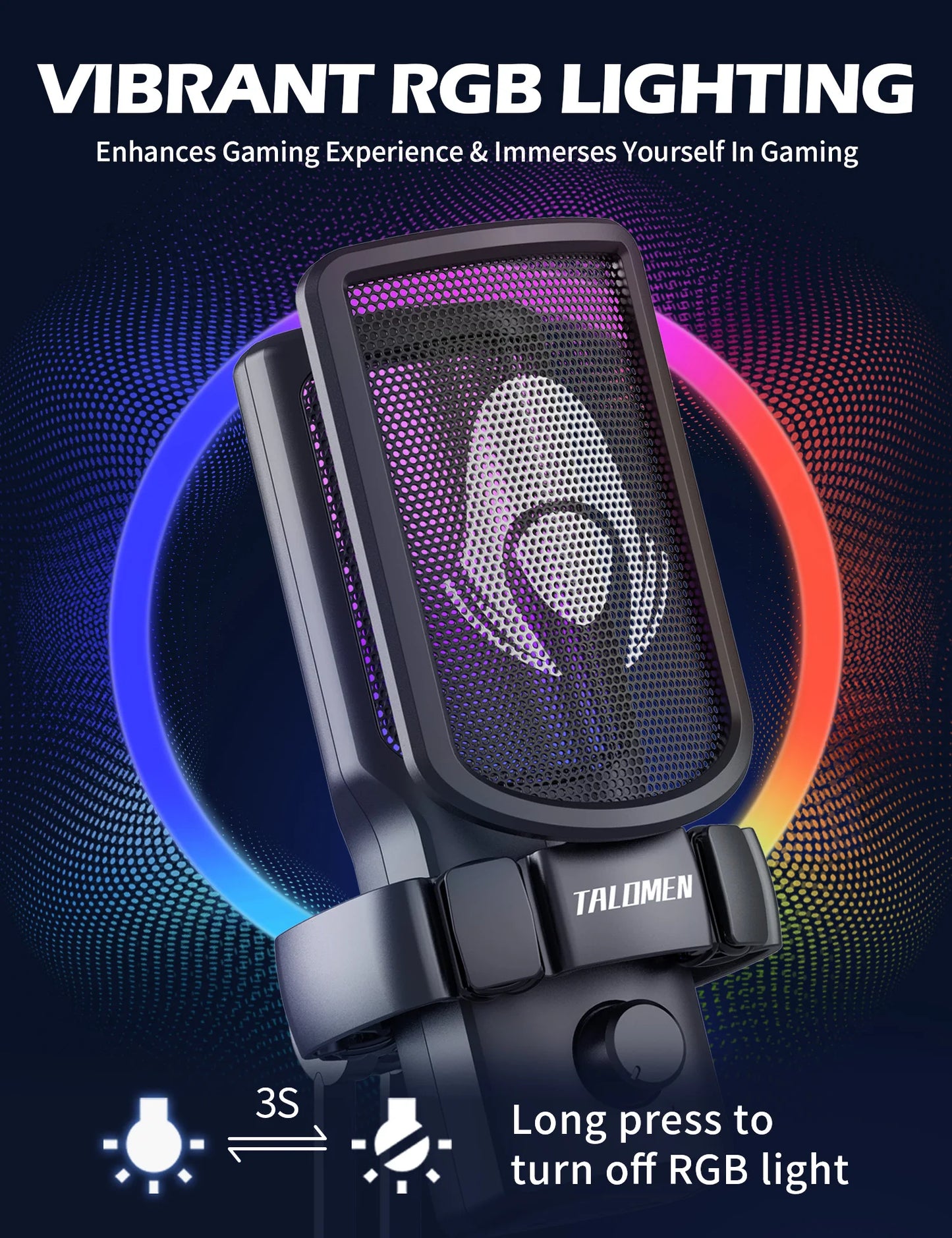 Gaming USB Microphone for PC, Podcast Condenser Mic with RGB Lights, Mute, Gain Knob, Computer Desktop Mic with Metal Stand, Pop