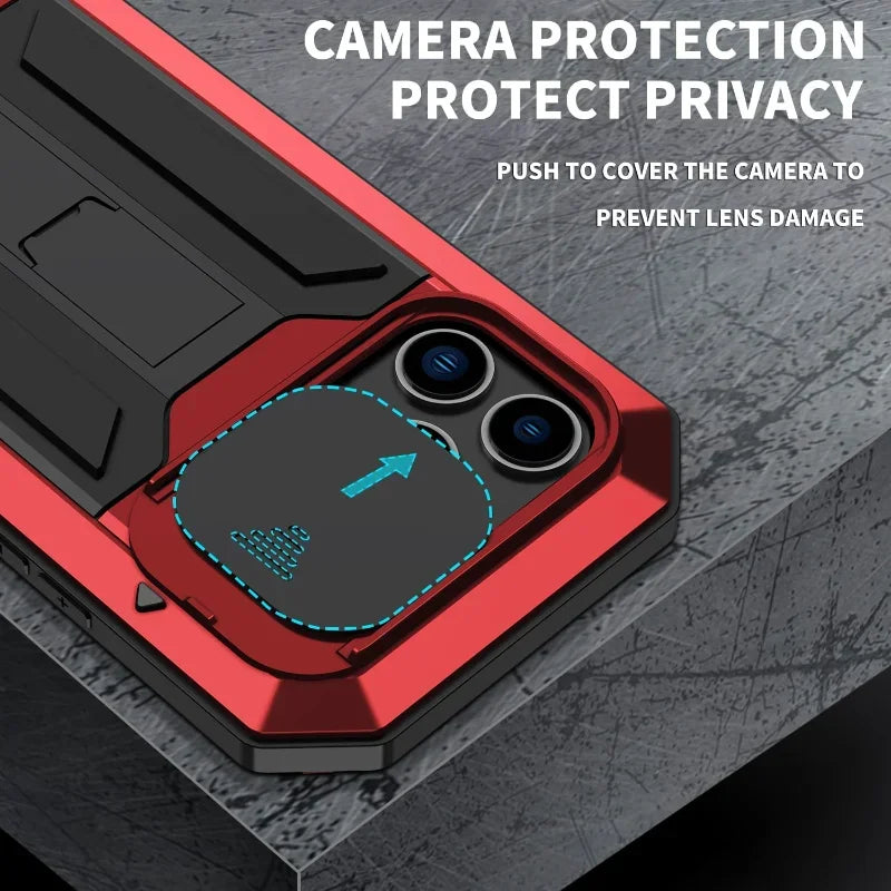 Rugged Metal Phone Case For iPhone 16 15 13 Pro Max 14 Plus Heavy Duty Military Shell Slide Lens Cover Screen Protector