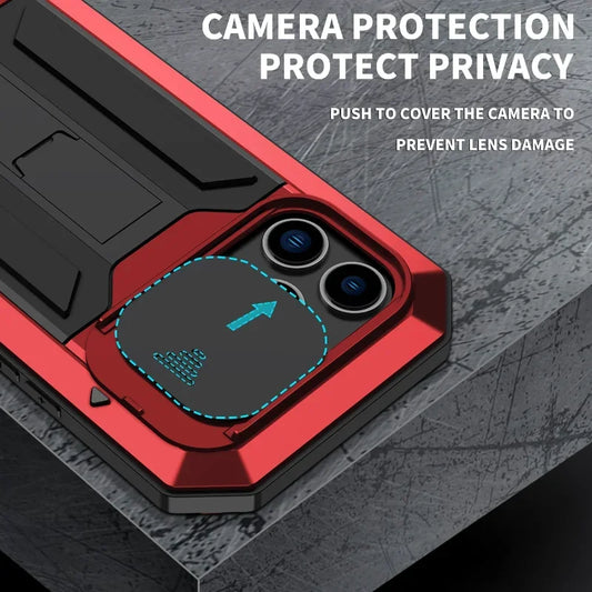 Rugged Metal Phone Case For iPhone 16 15 13 Pro Max 14 Plus Heavy Duty Military Shell Slide Lens Cover Screen Protector