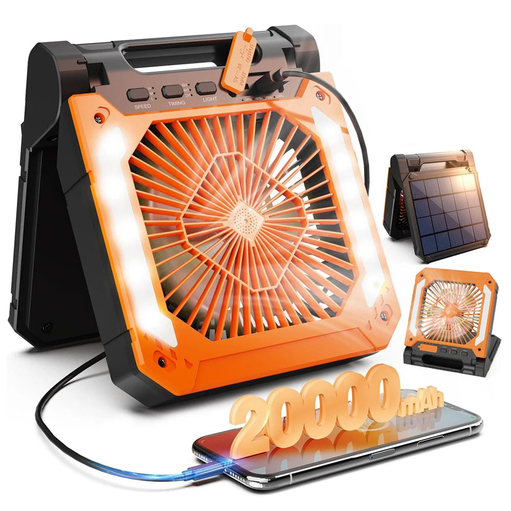 20000mAh Portable Electric Fan With Led Light Tent Car Camping Hook&USB&Solar Charging For Hiking Fishing Picnic Emergency