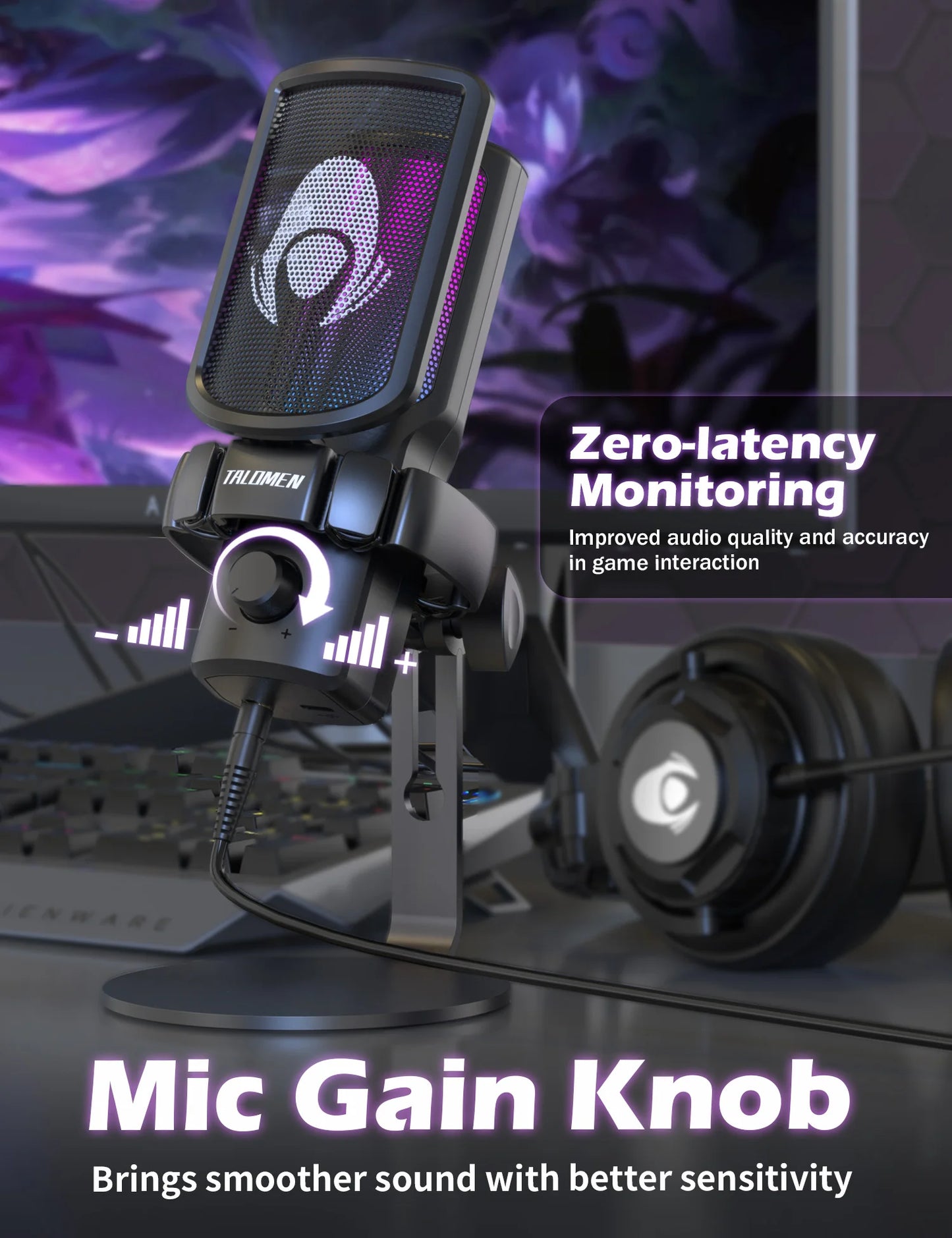 Gaming USB Microphone for PC, Podcast Condenser Mic with RGB Lights, Mute, Gain Knob, Computer Desktop Mic with Metal Stand, Pop