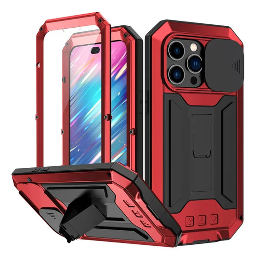 Rugged Metal Phone Case For iPhone 16 15 13 Pro Max 14 Plus Heavy Duty Military Shell Slide Lens Cover Screen Protector