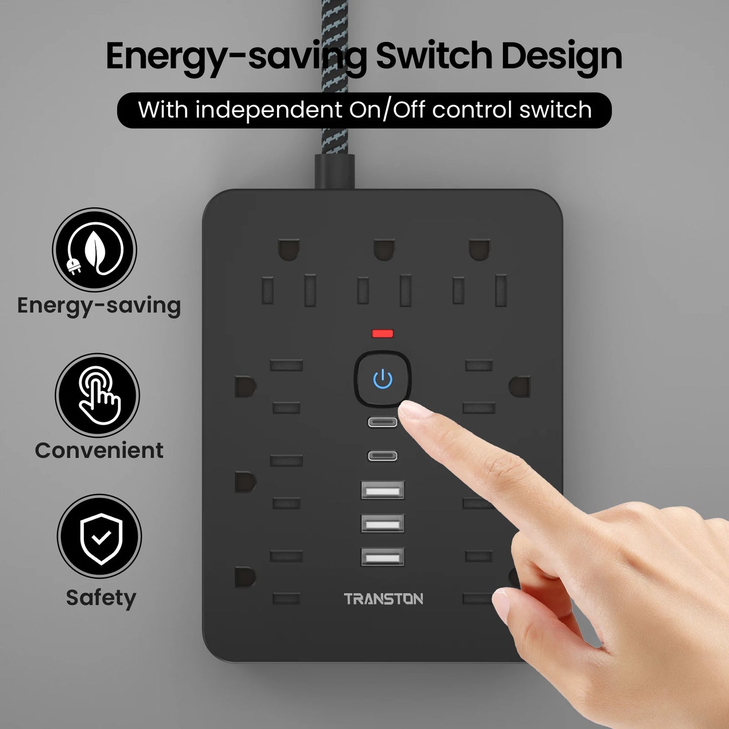 TRANSTON   power strip surge protector with 9 Ac Outlets,3 USB & 2 USB-C,5ft Cable,Weaving thread,45° tilt plug,Black
