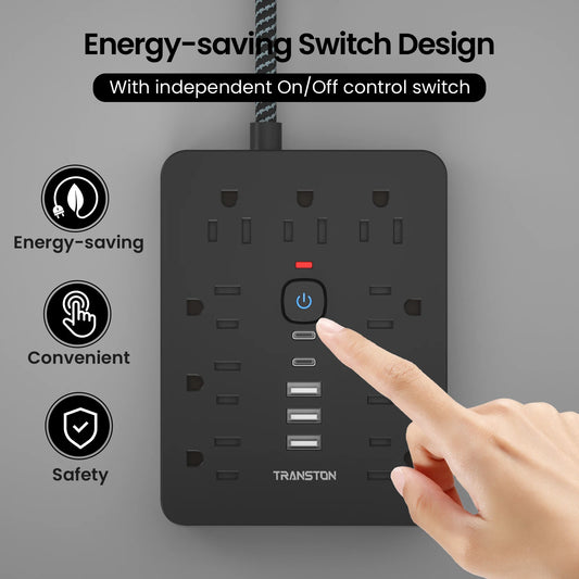 TRANSTON   power strip surge protector with 9 Ac Outlets,3 USB & 2 USB-C,5ft Cable,Weaving thread,45° tilt plug,Black
