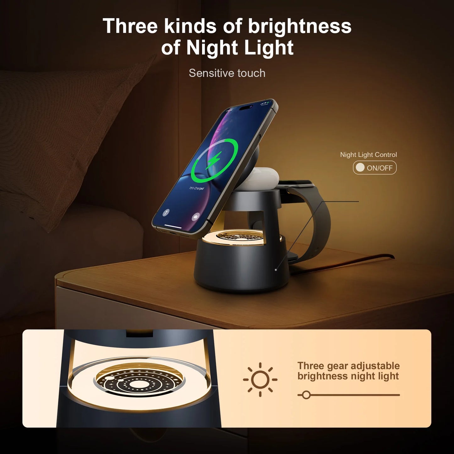 4 in 1 Magnetic Wireless Charger Fast Charging Station 15W Foldable Night Light Multiple Devices Apple IWatch Ultra Airpods