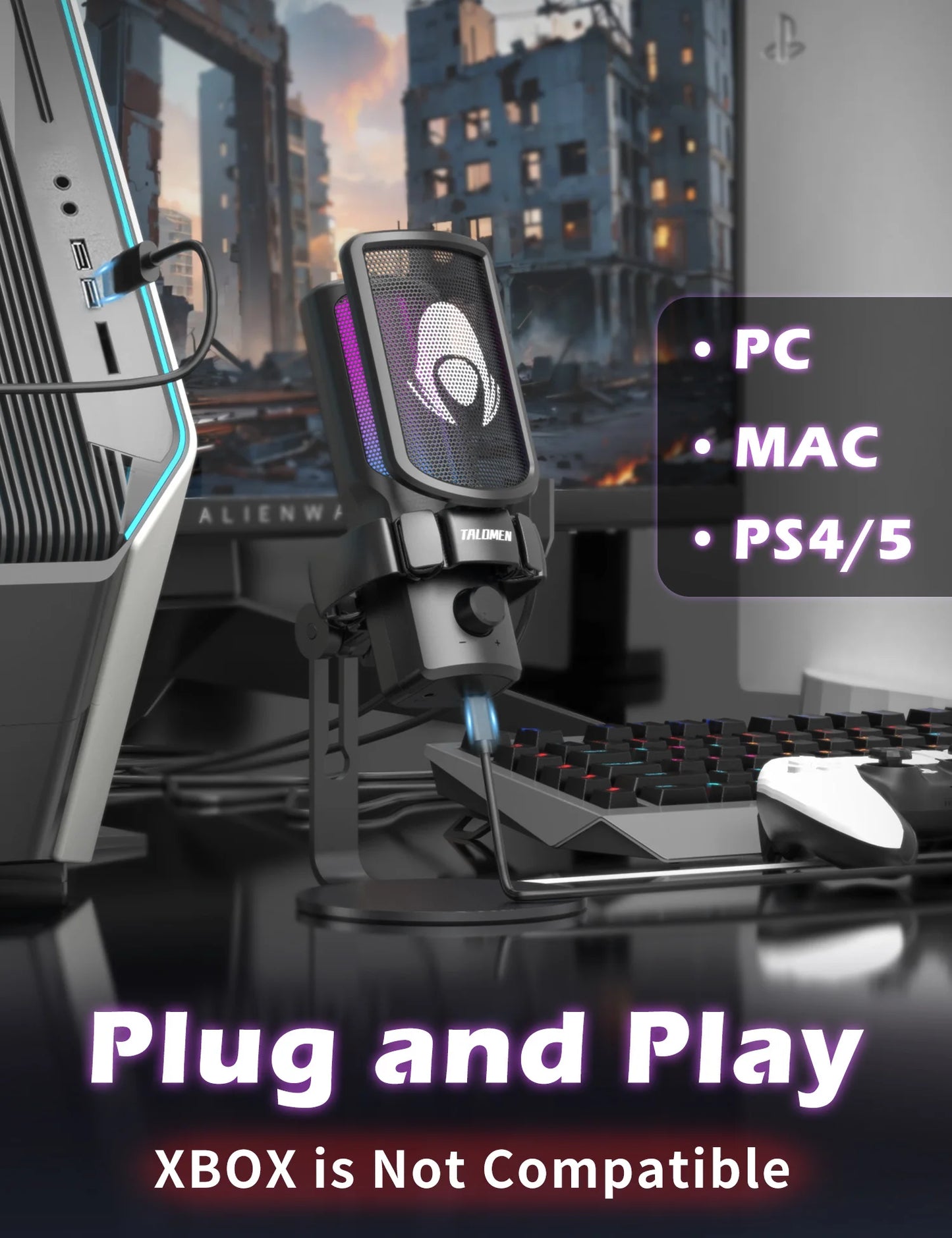 Gaming USB Microphone for PC, Podcast Condenser Mic with RGB Lights, Mute, Gain Knob, Computer Desktop Mic with Metal Stand, Pop