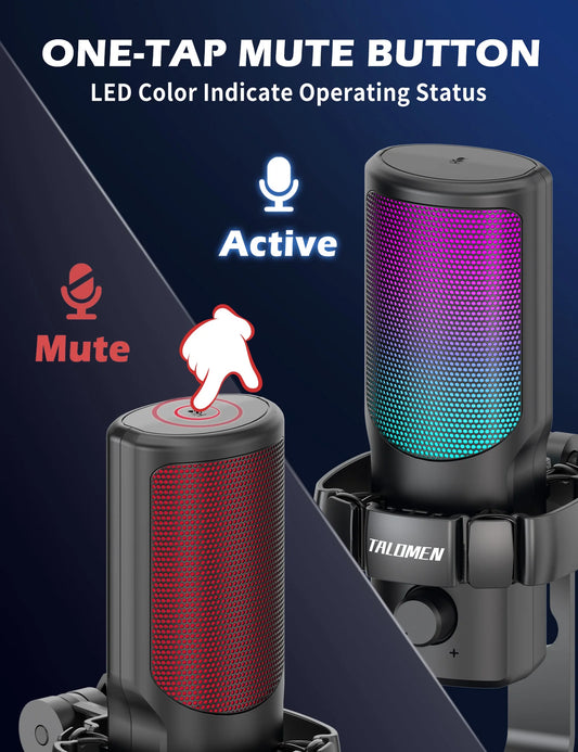 Gaming USB Microphone for PC, Podcast Condenser Mic with RGB Lights, Mute, Gain Knob, Computer Desktop Mic with Metal Stand, Pop