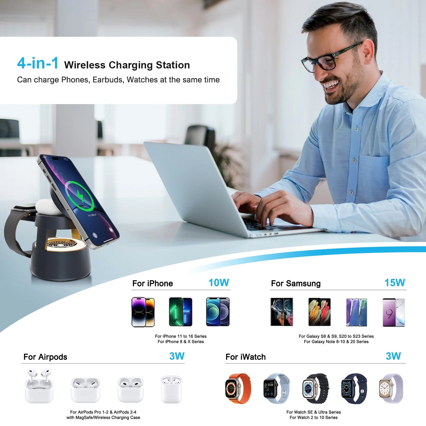 4 in 1 Magnetic Wireless Charger Fast Charging Station 15W Foldable Night Light Multiple Devices Apple IWatch Ultra Airpods