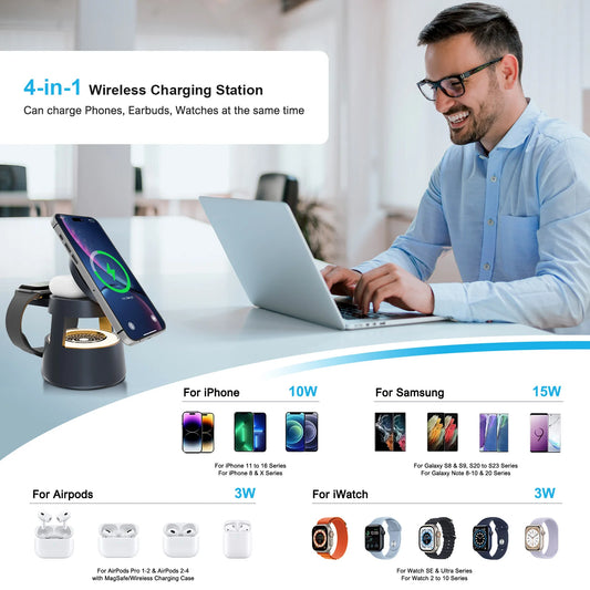 4 in 1 Magnetic Wireless Charger Fast Charging Station 15W Foldable Night Light Multiple Devices Apple IWatch Ultra Airpods