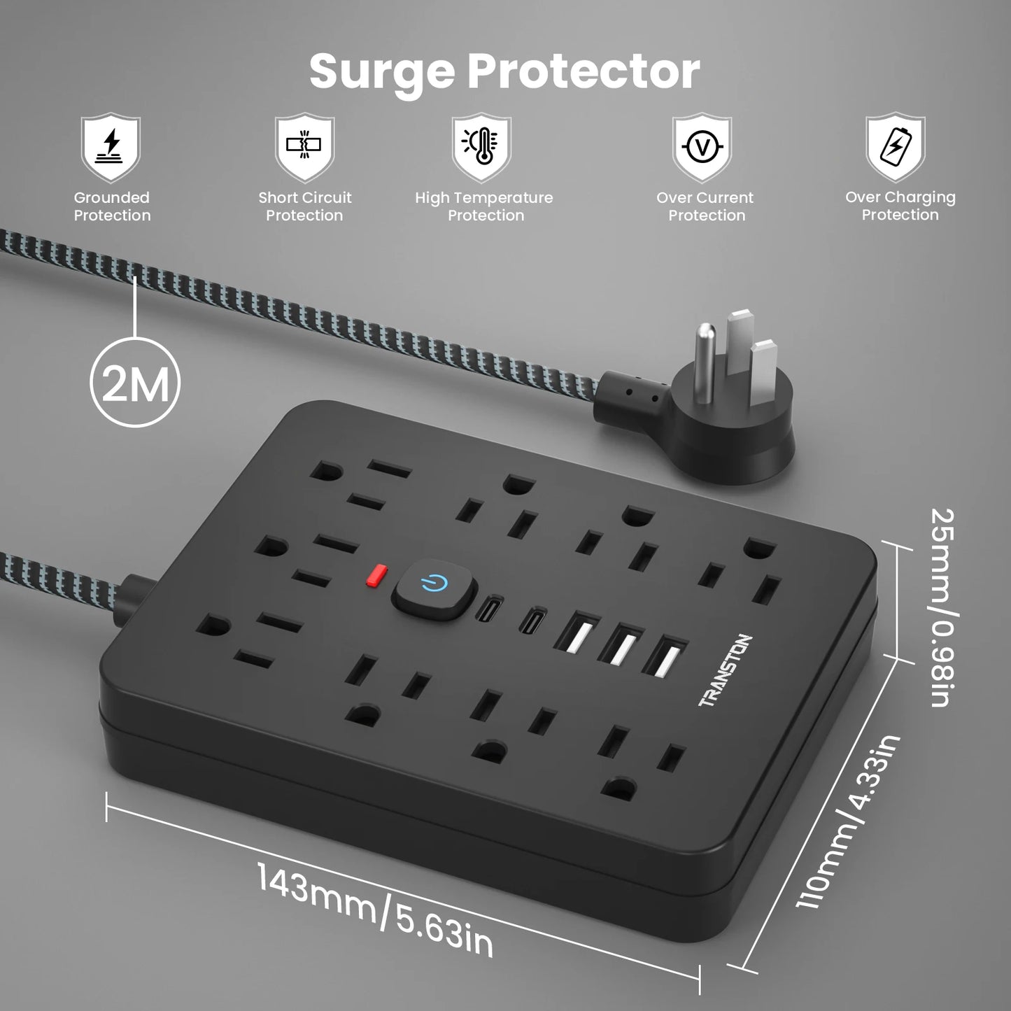 TRANSTON   power strip surge protector with 9 Ac Outlets,3 USB & 2 USB-C,5ft Cable,Weaving thread,45° tilt plug,Black