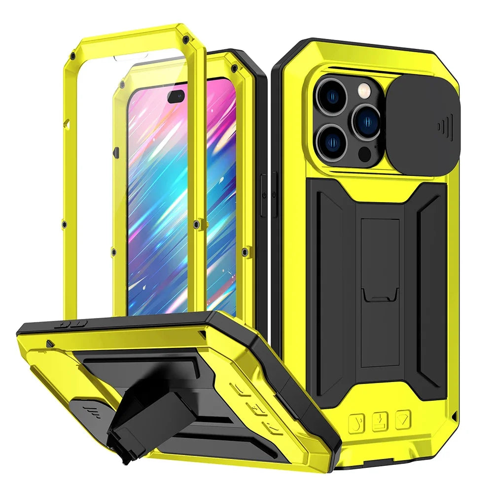 Rugged Metal Phone Case For iPhone 16 15 13 Pro Max 14 Plus Heavy Duty Military Shell Slide Lens Cover Screen Protector