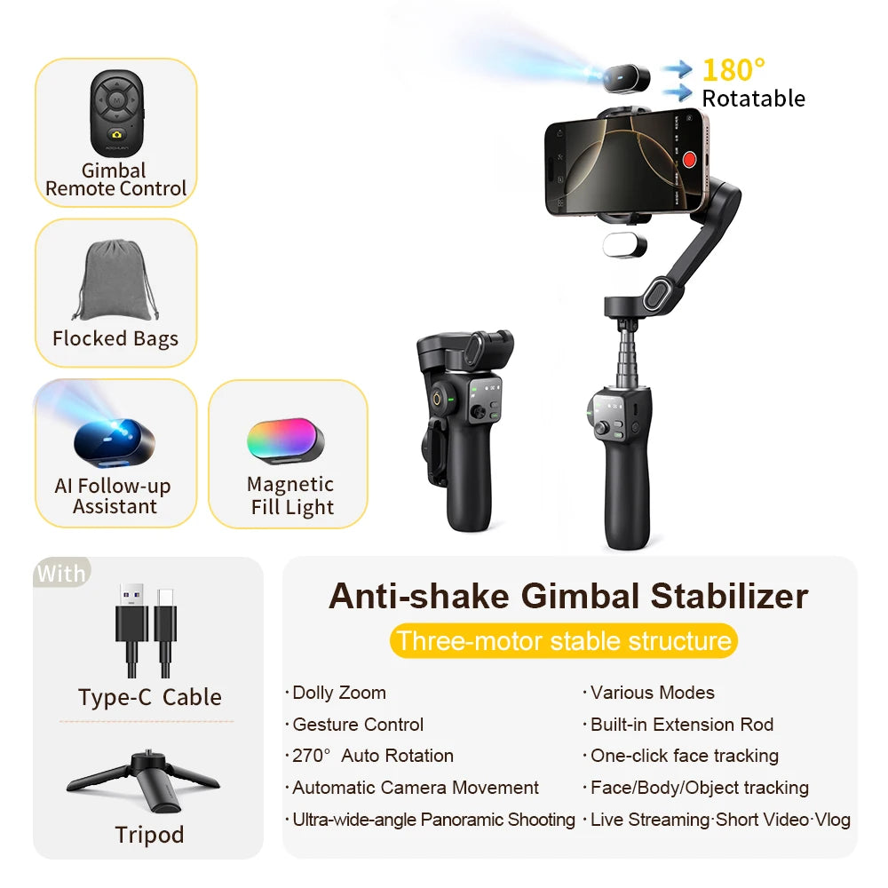 AOCHUAN 3-Axis Handheld Gimbal Phone Stabilizer with Extension Rod  8.0 Anti Shake Face Tracking for Phone Outdoor Shooting Vlog