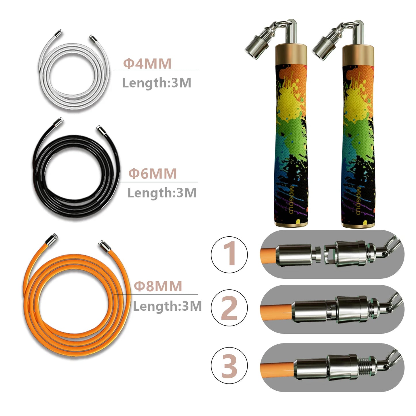 MOGOLD Graffiti Design Skipping Rope – Triple Ropes (4.0/6.0/8.0 mm), Freely Interchangeable & Portable Fitness Tool