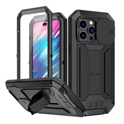 Rugged Metal Phone Case For iPhone 16 15 13 Pro Max 14 Plus Heavy Duty Military Shell Slide Lens Cover Screen Protector