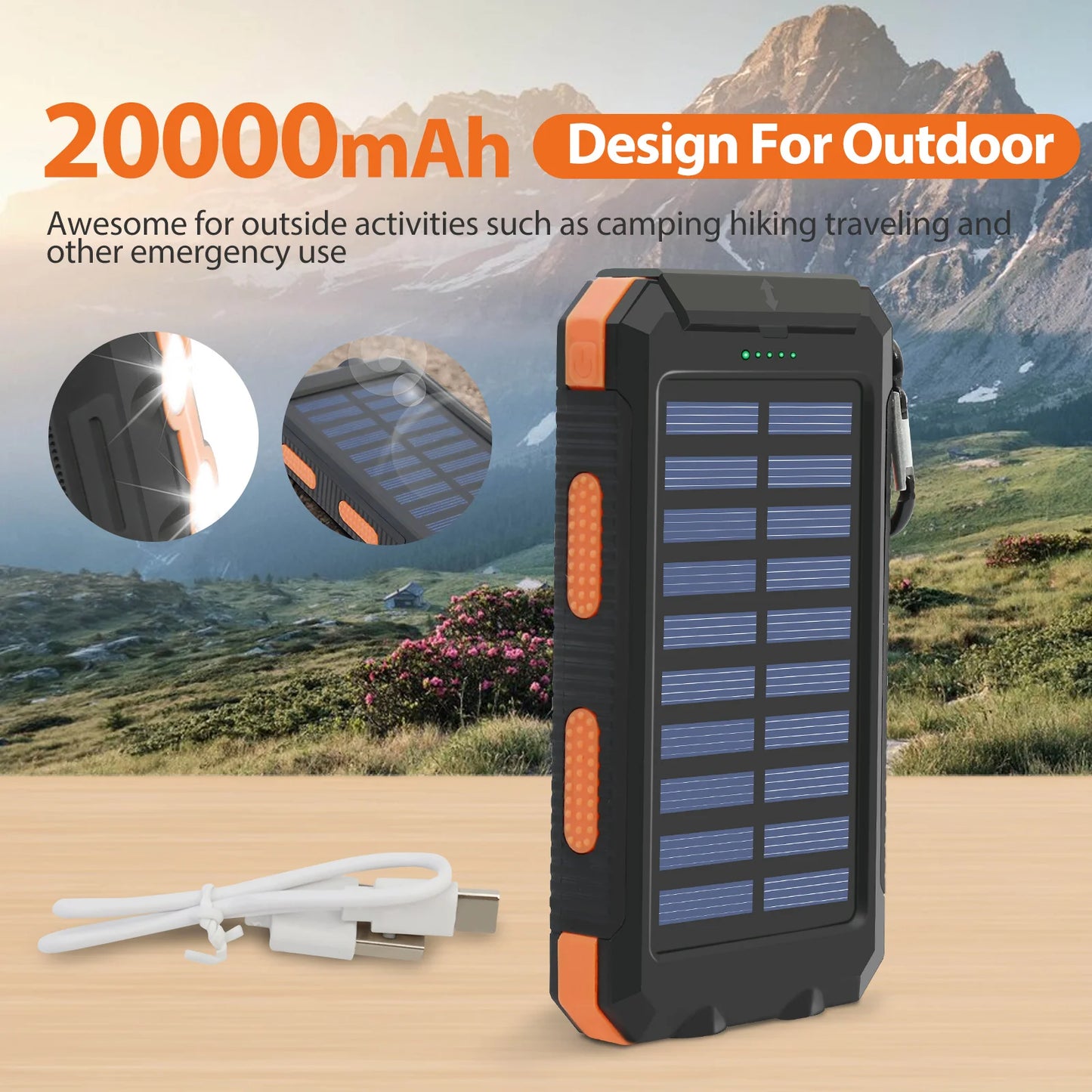 20000mAh Solar Power Bank Portable Solar Charger Waterproof Dual 5V USB Ports 2 LED Light Flashlight For Cell IPhone Outdoor